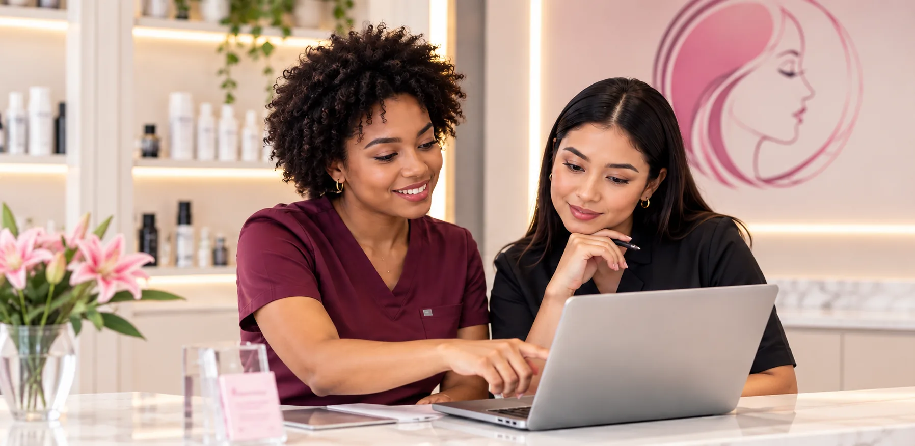 Equipo de un centro estético revisando la operación en una laptop