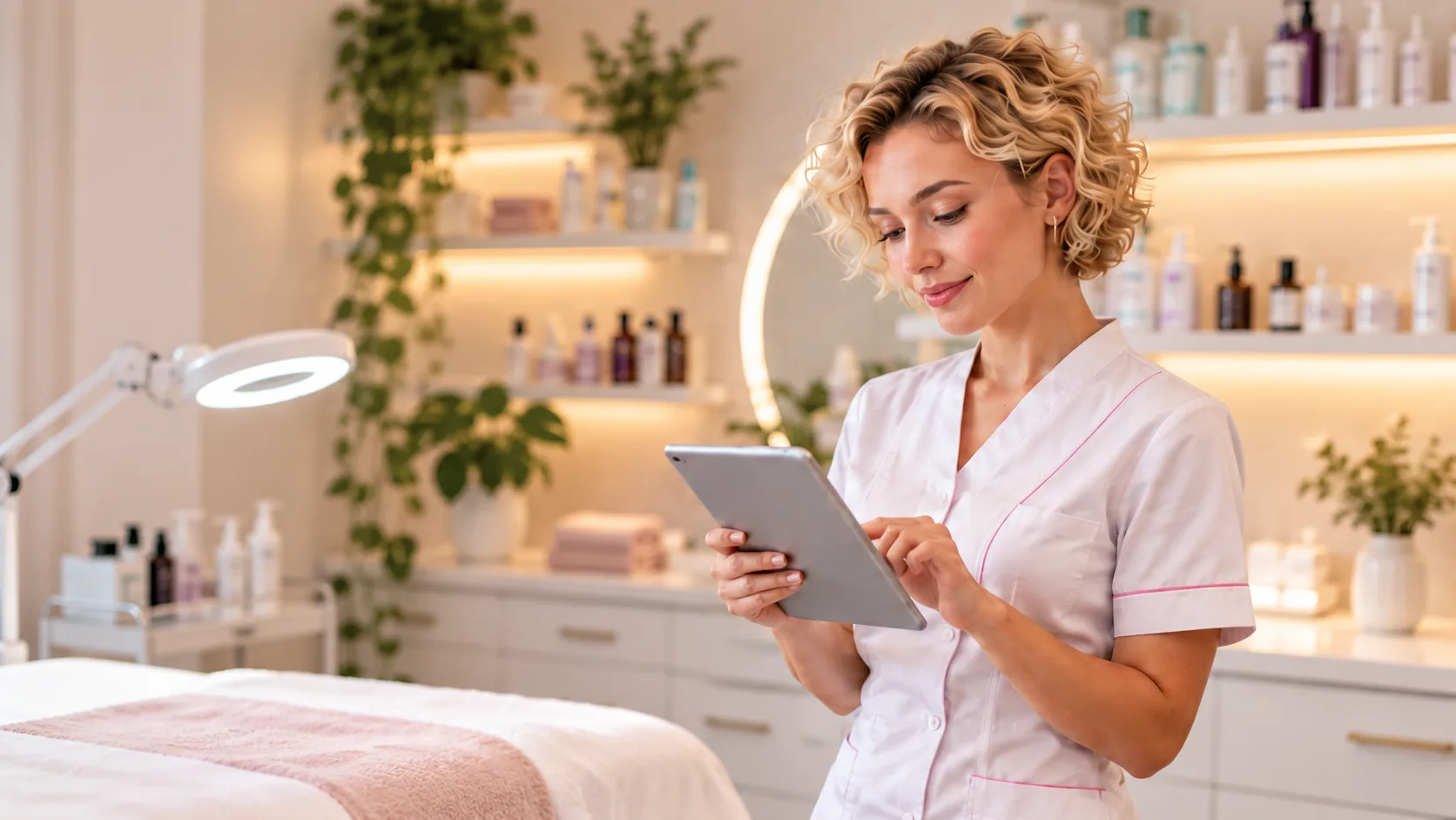 Profesional de centro estético con una tablet